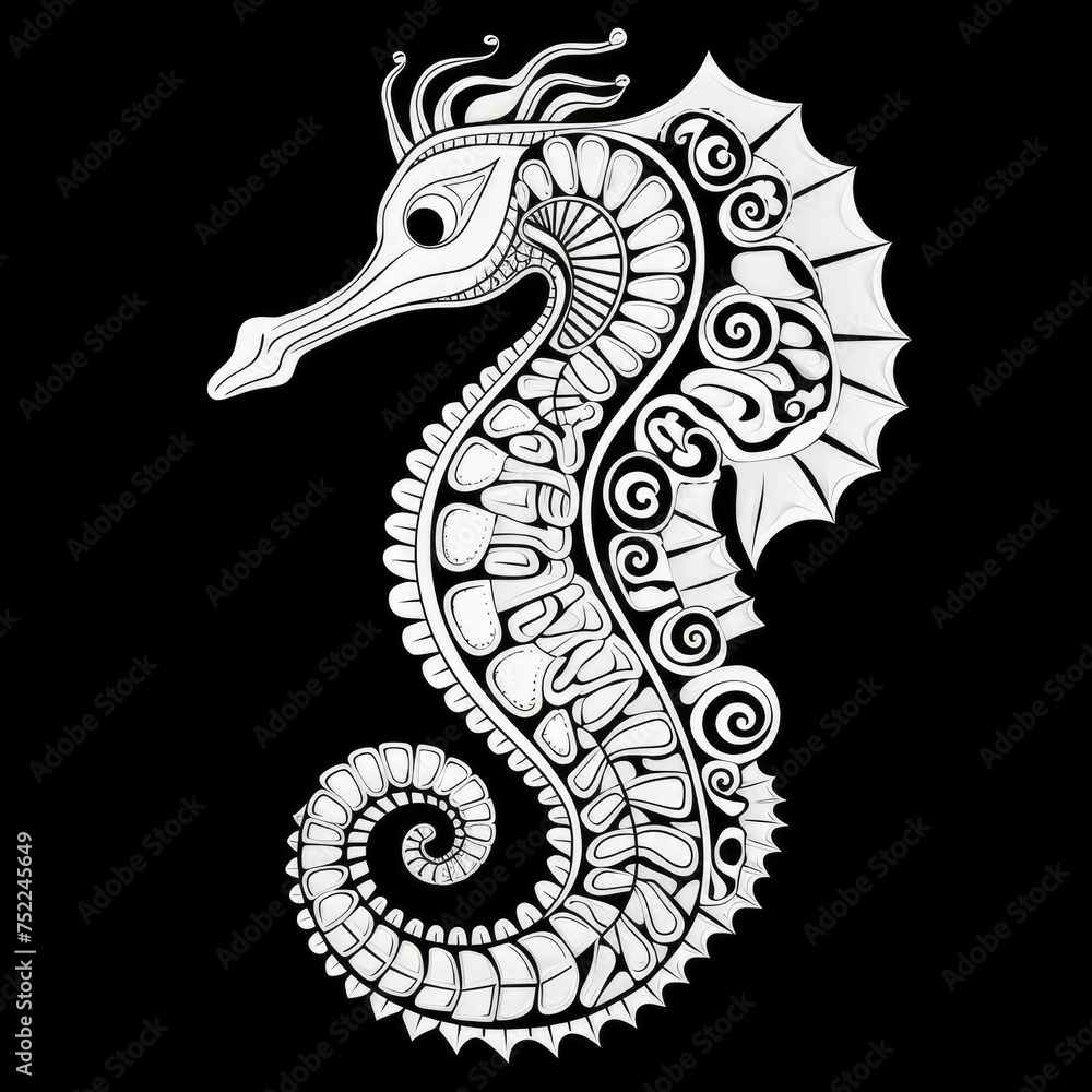 Seahorse Mandala Style Illustration, black and white Seahorse Mandala Style Illustration, black and white
