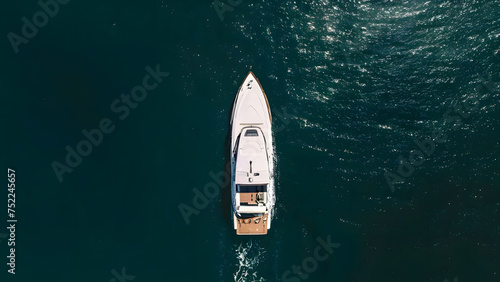 aerial view of couple enjoying sunbathing on the luxury yacht moving in the sea. Travel vacation © Alex Bur