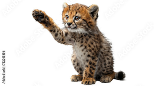 A digitally created young cheetah cub waving with a friendly gesture against a white background, with detailed fur texture