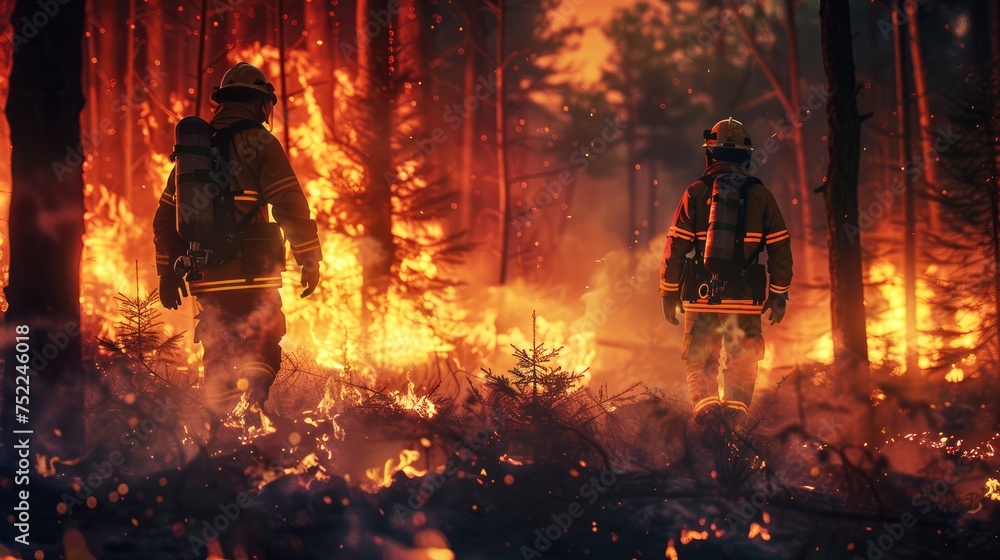 Professional firefighters in protective clothing and helmets extinguish a fire in forest. Firefighters douse the burning forest and save nature. Emergency situation, environmental disaster - obrazy, fototapety, plakaty 