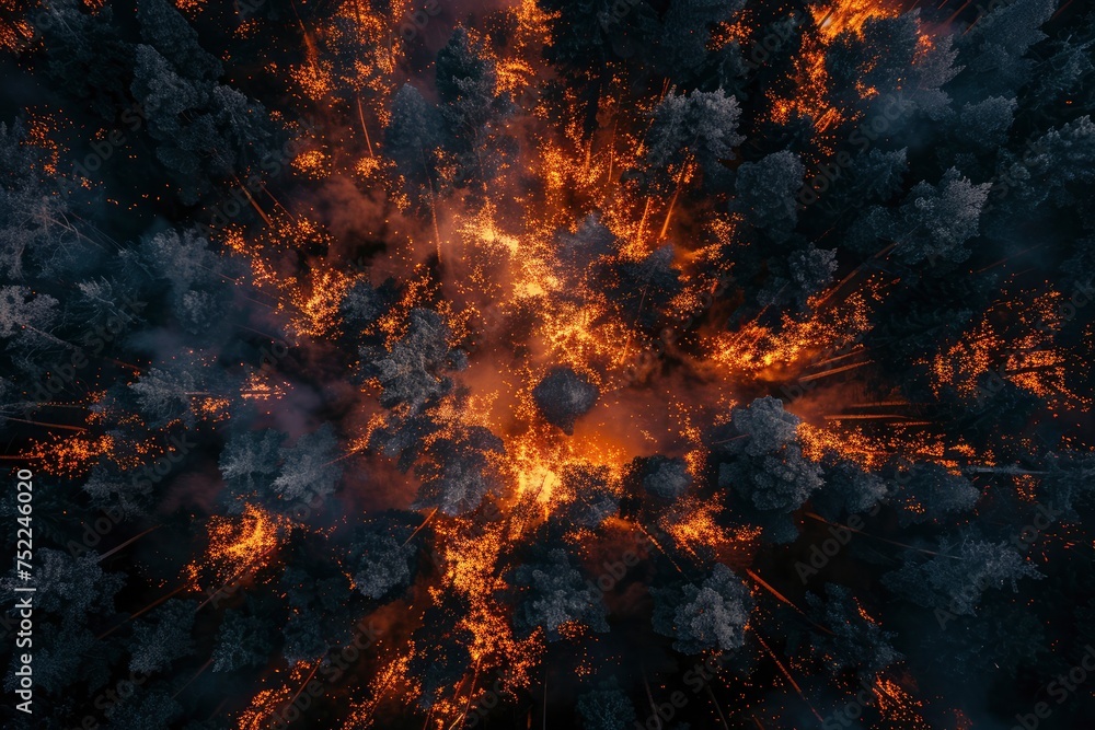 Burning forest view from above. Environmental problem, fire in the forest. Smoking area of trees in nature, view from a drone Burning forest view from above. Environmental problem, fire in the forest. Smoking area of trees in nature, view from a drone