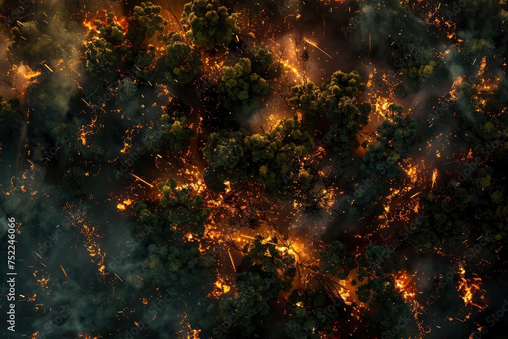 Burning forest view from above. Environmental problem, fire in the forest. Smoking area of trees in nature, view from a drone