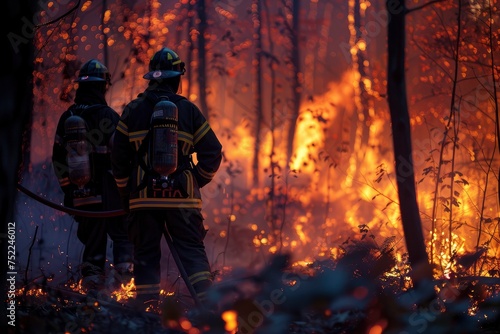 Professional firefighters in protective clothing and helmets extinguish a fire in forest. Firefighters douse the burning forest and save nature. Emergency situation, environmental disaster