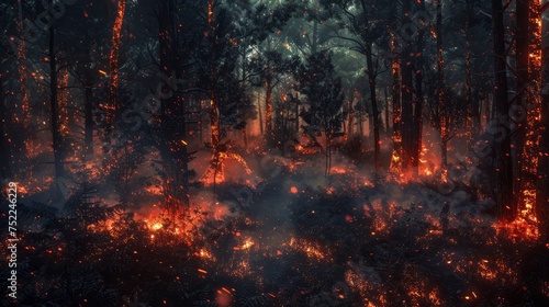 Fire in the forest, burning forest. Ecological disaster, natural emergency. Sparks of fire, flaming branches and trees, smoke