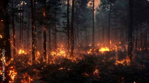Fire in the forest  burning forest. Ecological disaster  natural emergency. Sparks of fire  flaming branches and trees  smoke