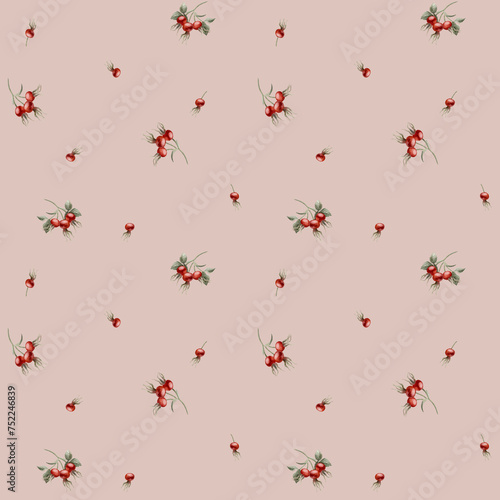 Rose hip red berries, watercolor seamless minimalistic floral pattern on peach pink background.