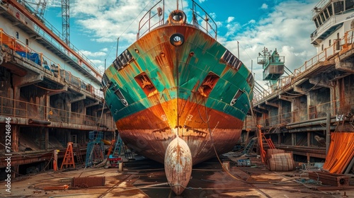 Shipyard The bulk carrier general cargo ship in dry dock yard, navigation bridge deck, recondition of hull repairing and repainting, working in dry dock yard on teal and orange.  photo