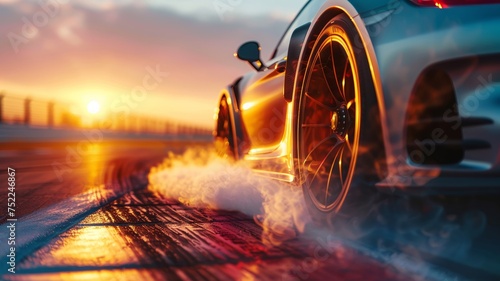 Racing car wheel spinning with smoke on a racetrack during sunset