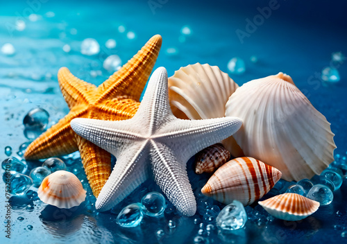 Refreshing sea-inspired composition with white starfish and shells on a textured blue background with water droplets. Generative AI