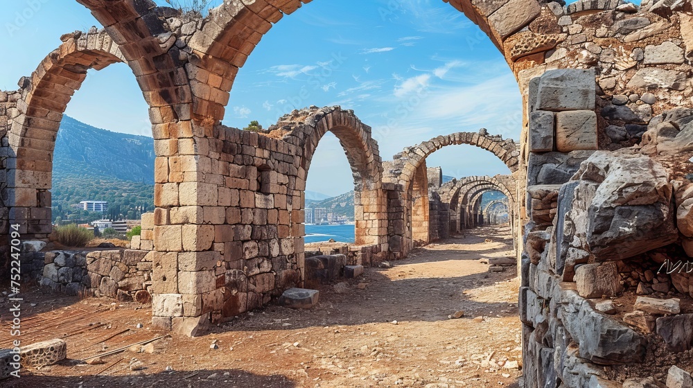 Stone arches of medieval Tersane shipyard in Alanya, Turkey. Tersane dates from 1221 and is the only Seljuk-built shipyard remaining in Turkey.