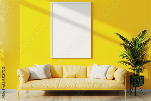 Frame Mockup, Picture frame template/mockup in an modern yellow pastel colored living room. Photoframe Mock-up background.Modern interior design. photo