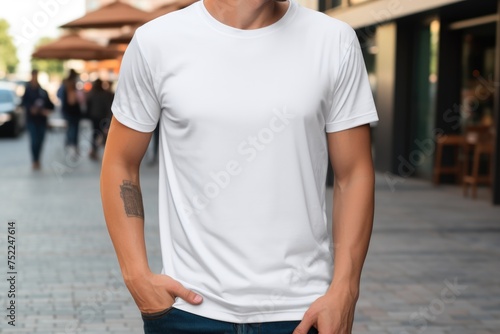 White blank t shirt mock up. Men street background