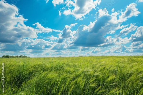 Field of green grass with blue sky and clouds