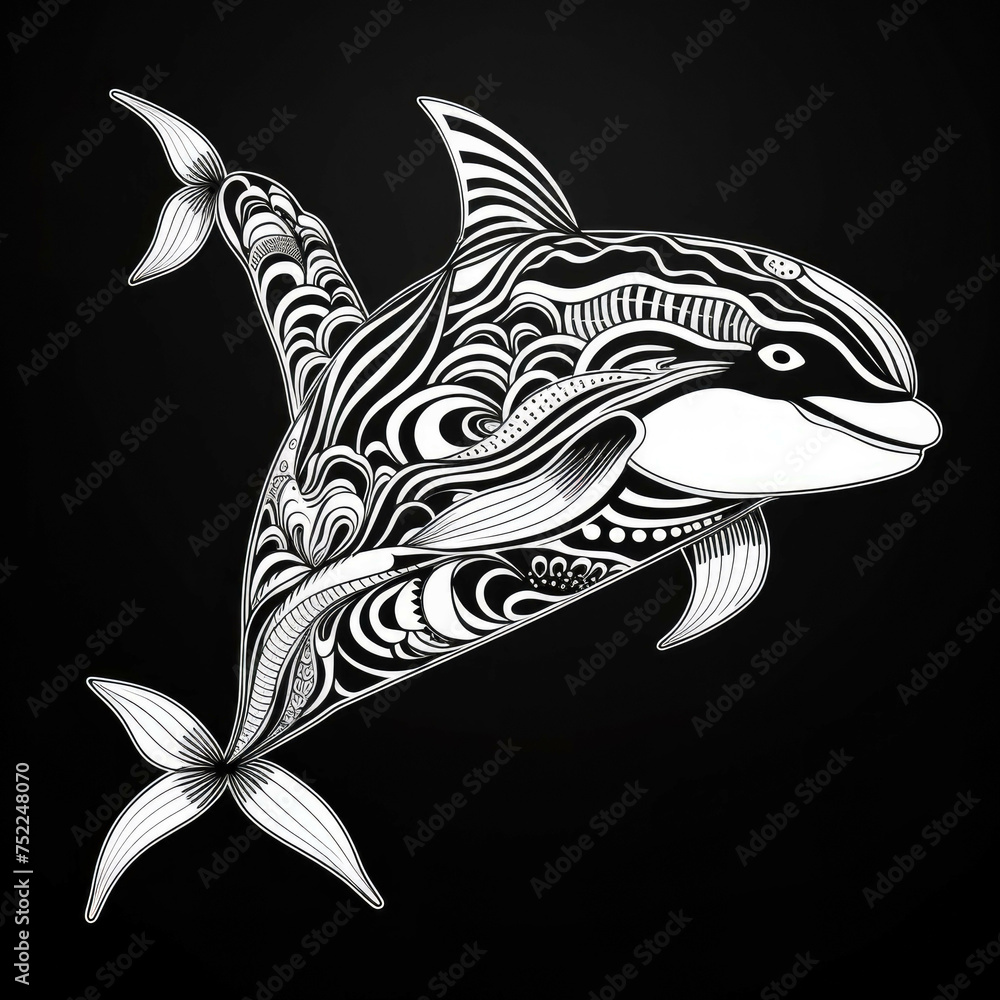 Naklejka premium Killer whale Mandala Style Illustration, black and white
