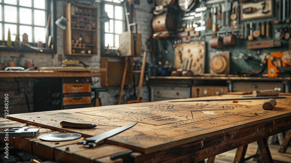 Artisan's workspace with assorted design tools on a measured surface