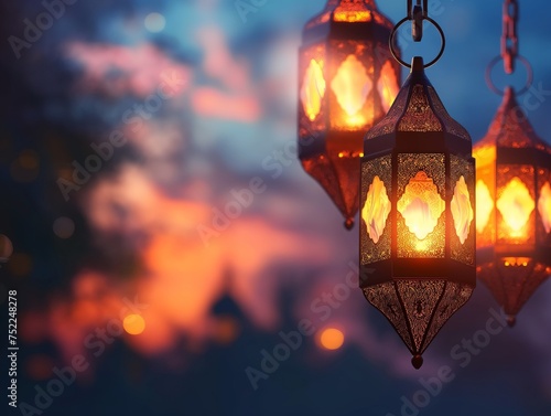 Three ornate lanterns hanging outdoors with a bokeh light background, creating a magical twilight ambiance.