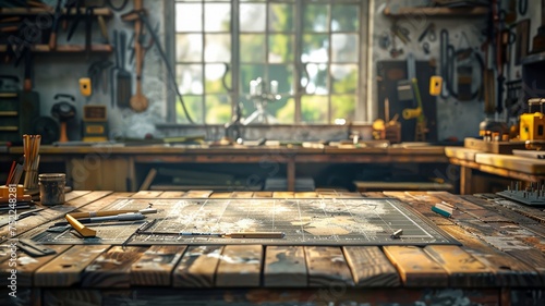 Artisan's workspace with assorted design tools on a measured surface photo