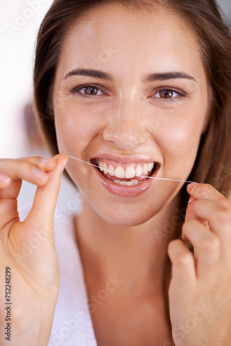 Clean  dental and portrait of woman with floss for health  wellness and grooming routine for hygiene. Oral care  happy and female person with dentistry tool for teeth or mouth treatment in bathroom.