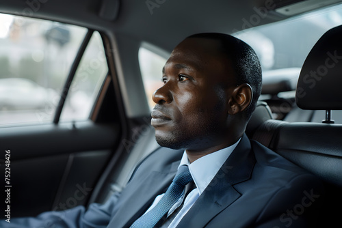 african businessman in a suit and tie sits in the back seat of a car, looking out the window © dStudio