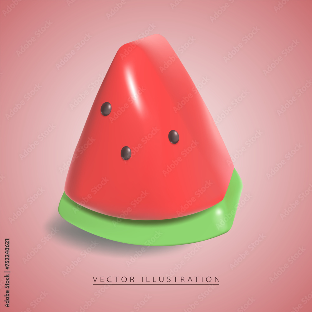 Sweet watermelon slice. Watermelon in realistic 3d volumetric plastic style, isolated on background. Vector illustration.