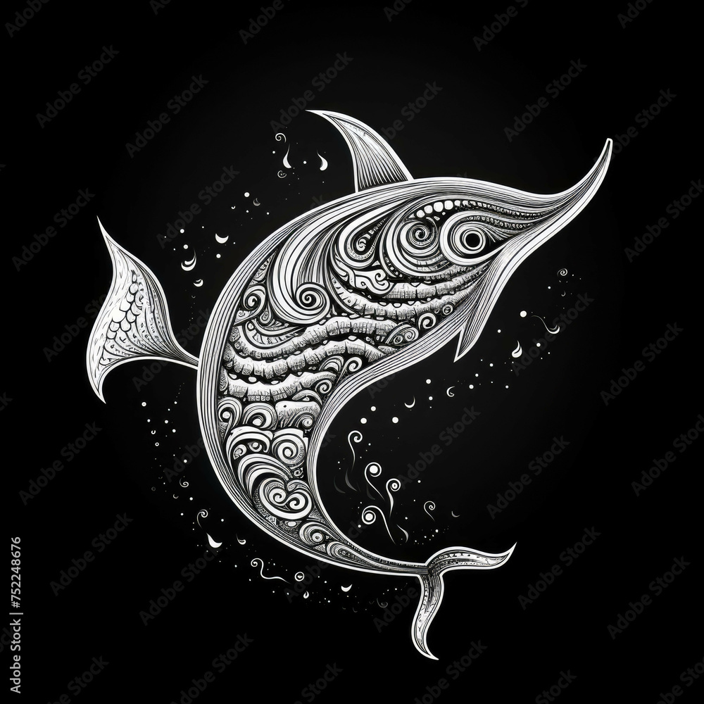 Naklejka premium Narwhal Mandala Style Illustration, black and white