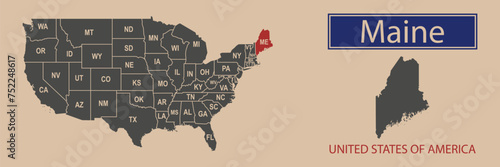 Vector map borders of the USA Maine state. State of Maine on the map of the United States of America.