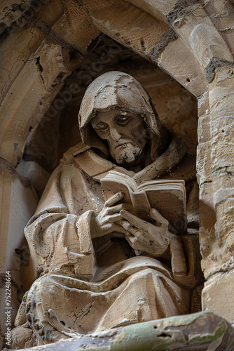 A niche with a sculpture of a Franciscan monk reading a sacred book