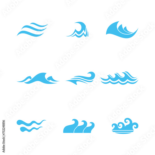 A set of isolated sea waves, blue wave icons, logos or design elements, etc.