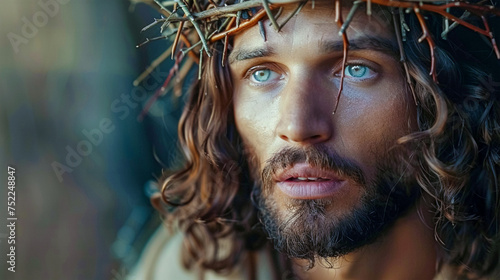 A portrait depicting the face of Jesus with a crown of Thorns. The concept of Easter and Resurrection, purification from sins, faith and freedom