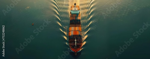 Aerial shot of a container cargo ship engaged in global trade logistics. Concept Shipping Industry, Global Trade, Container Ships, Logistics, Aerial Photography
