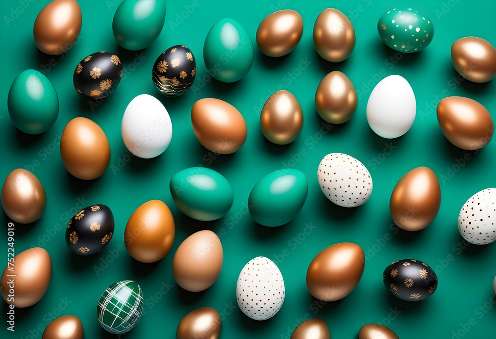 Gold, black, white eggs on a trendy emerald background. Geometry.
