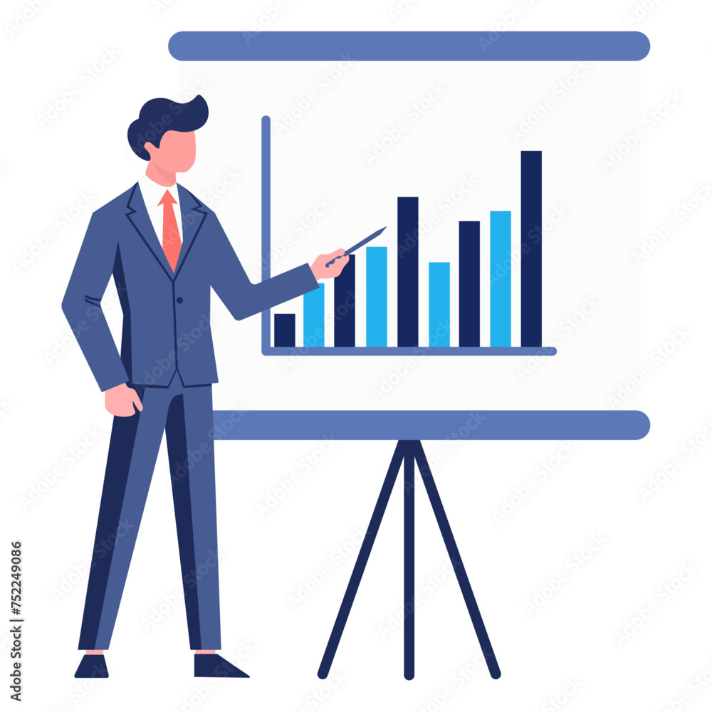 Man with a diagram on the board is giving a presentation with a pointer. Business presentation. Vector flat icon. Man with a diagram on the board is giving a presentation with a pointer. Business presentation. Vector flat icon.