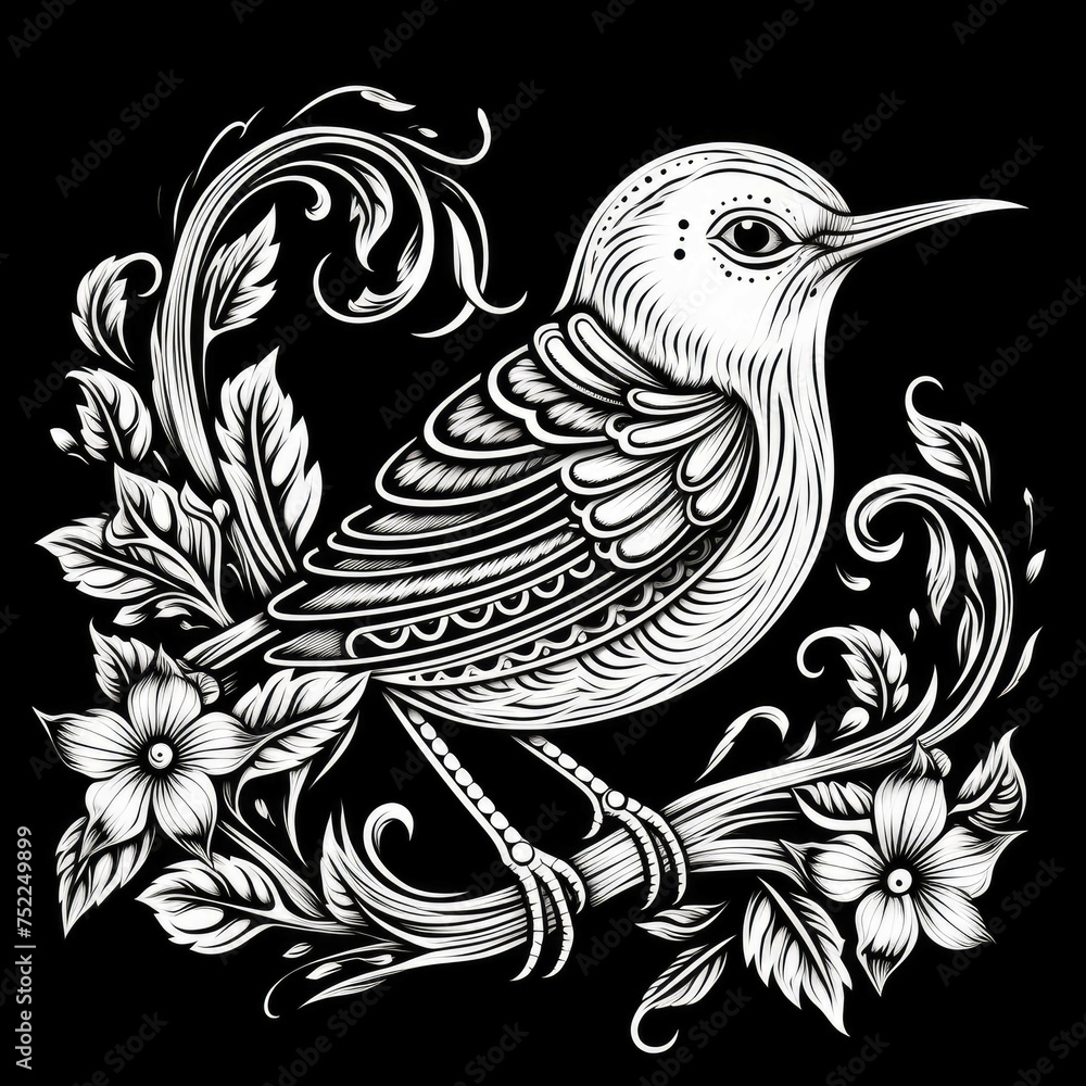 Obraz premium Wren Mandala Style Illustration, black and white