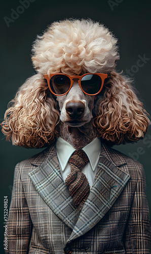 Dog, pink poodle, dressed in an elegant suit with a nice tie, wearing sunglasses. Fashion portrait of an anthropomorphic animal posing with a charismatic human attitude © Ekaterina