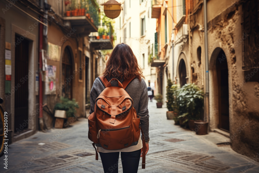 travel guide, tourism, woman tourist with map on the street, view from the back travel guide, tourism, woman tourist with map on the street, view from the back