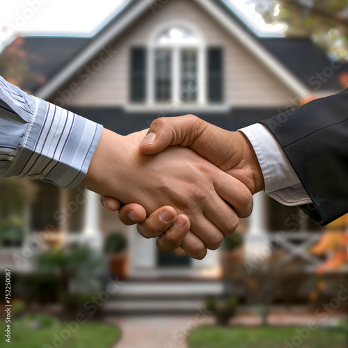 A Realtor shaking hands with a homebuyer after closing a home sale photo