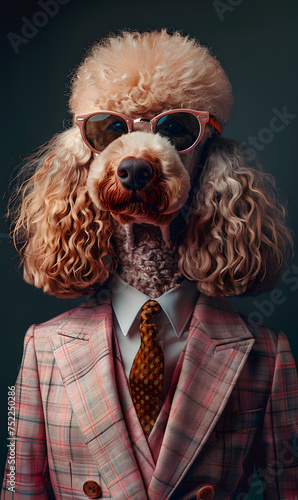 Dog, pink poodle, dressed in an elegant suit with a nice tie, wearing sunglasses. Fashion portrait of an anthropomorphic animal posing with a charismatic human attitude © Ekaterina