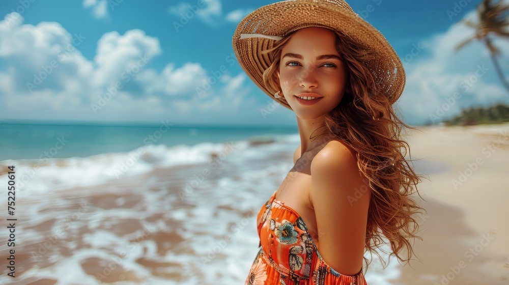 Woman Wearing Straw Hat on Beach