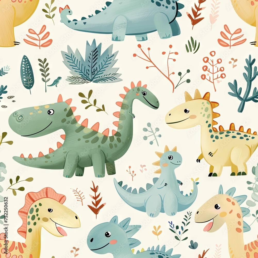 dinosaur animal print, pastel watercolor, cartoon, on blue background. ai generated