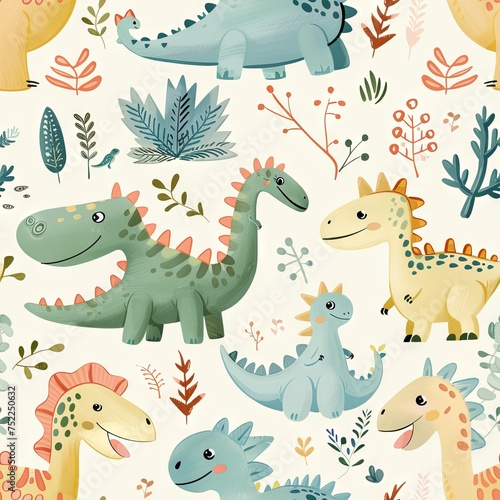 dinosaur animal print  pastel watercolor  cartoon  on blue background. ai generated