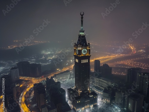 A picturesque night view of a vibrant city with an illuminated clock tower overlooking a bustling plaza.