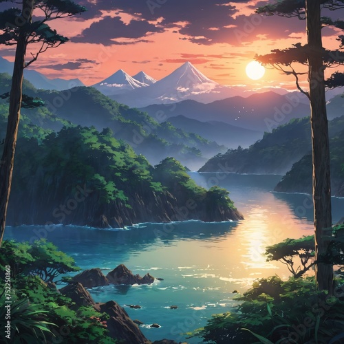 Serene Sunset Over A Tranquil Mountainous Lake Surrounded By Lush Forest