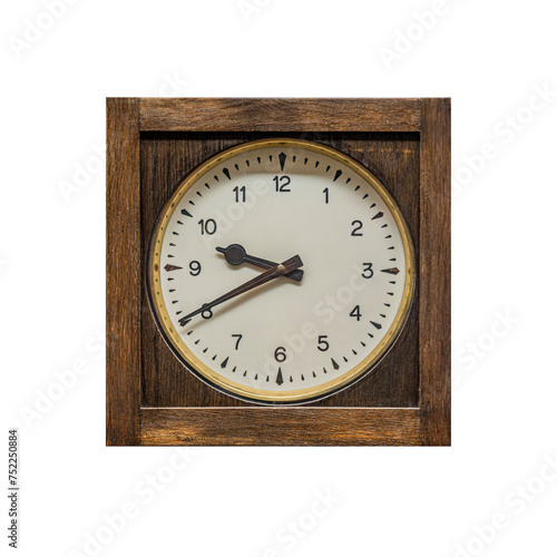 Old vintage wooden clock isolated on white background.