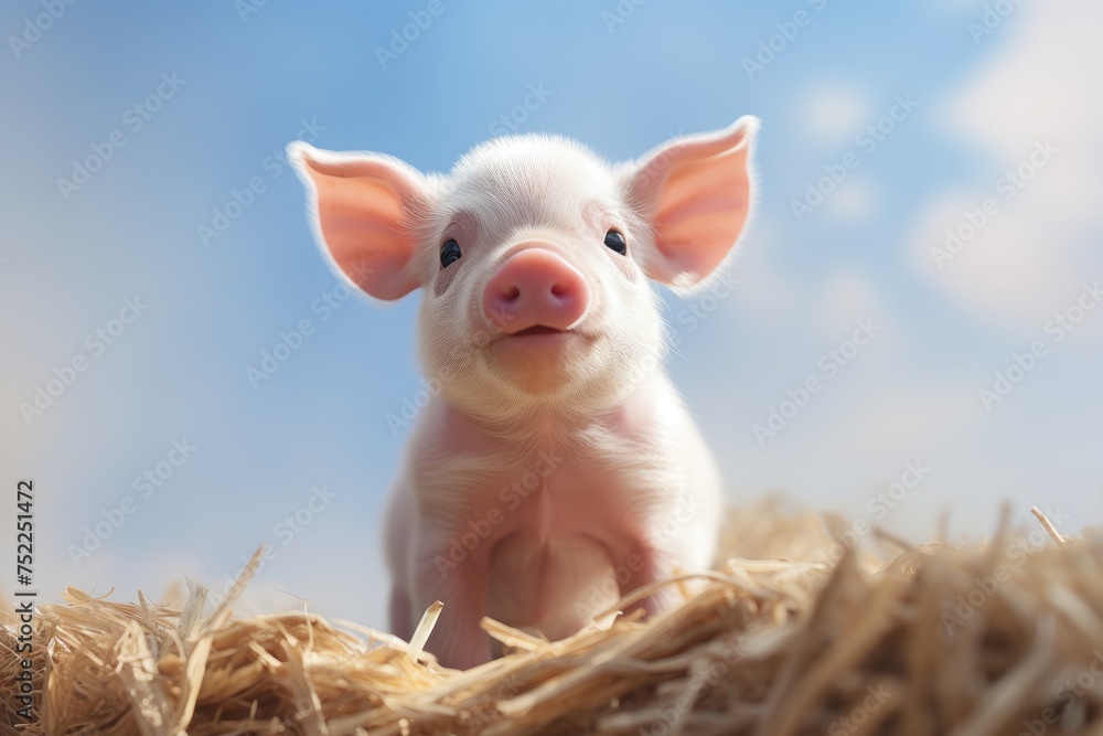 Happy piglets playing on the field, young funny pig on the farm. Vegan and vegetarian. Organic farming and agriculture, livestock. Animal health and exotic pet concept