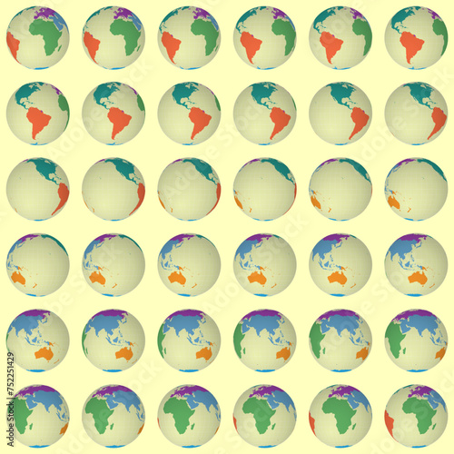 Collection of globes. Normal sphere view. Rotation step 10 degrees. Colored continents style. World map with sparse graticule lines on light background. Dazzling vector illustration.