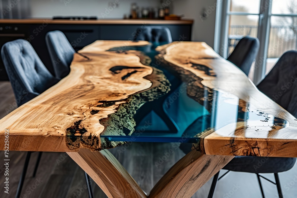 Wooden table with epoxy river inlay Wooden table with epoxy river inlay