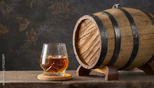 Glass of whiskey with ice and whiskey barrel