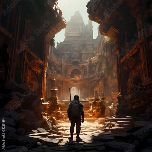 Time-traveling adventurer in ancient ruins  © Cao