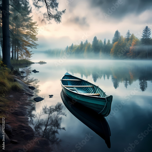 Tranquil scene of a rowboat on a calm lake. © Cao