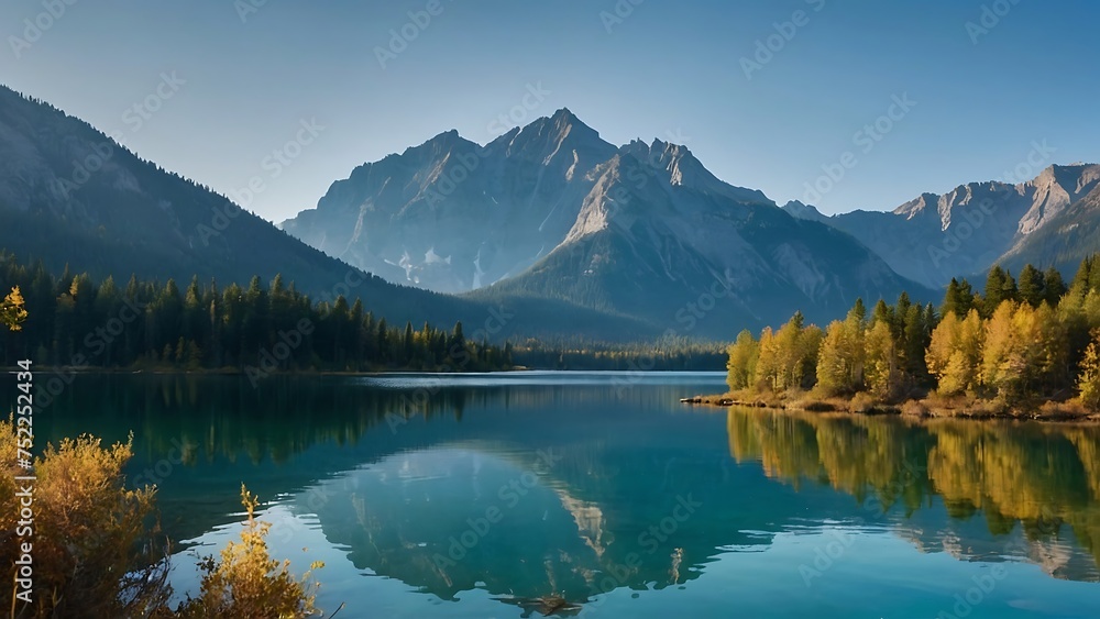 Fototapeta premium crystal-clear lake, mountain lake reflecting the cloud-streaked sky,towering mountains in the background